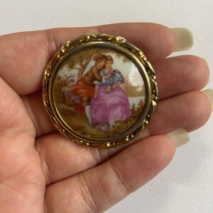 Vintage Gold Brooch with Romantic Scene Limoges France